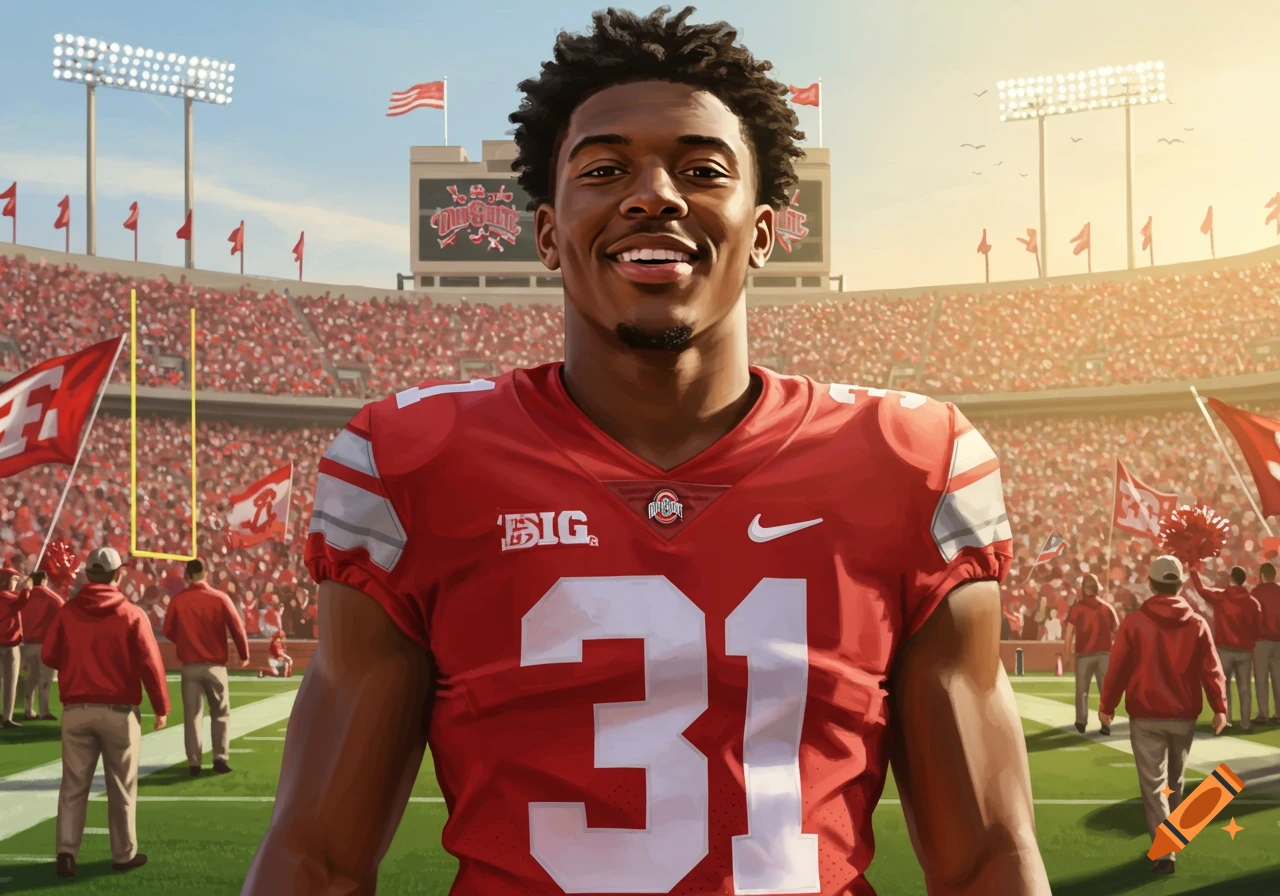 Smiling football player in a red number 31 jersey on a stadium field with a crowd in the background, illustrative style.