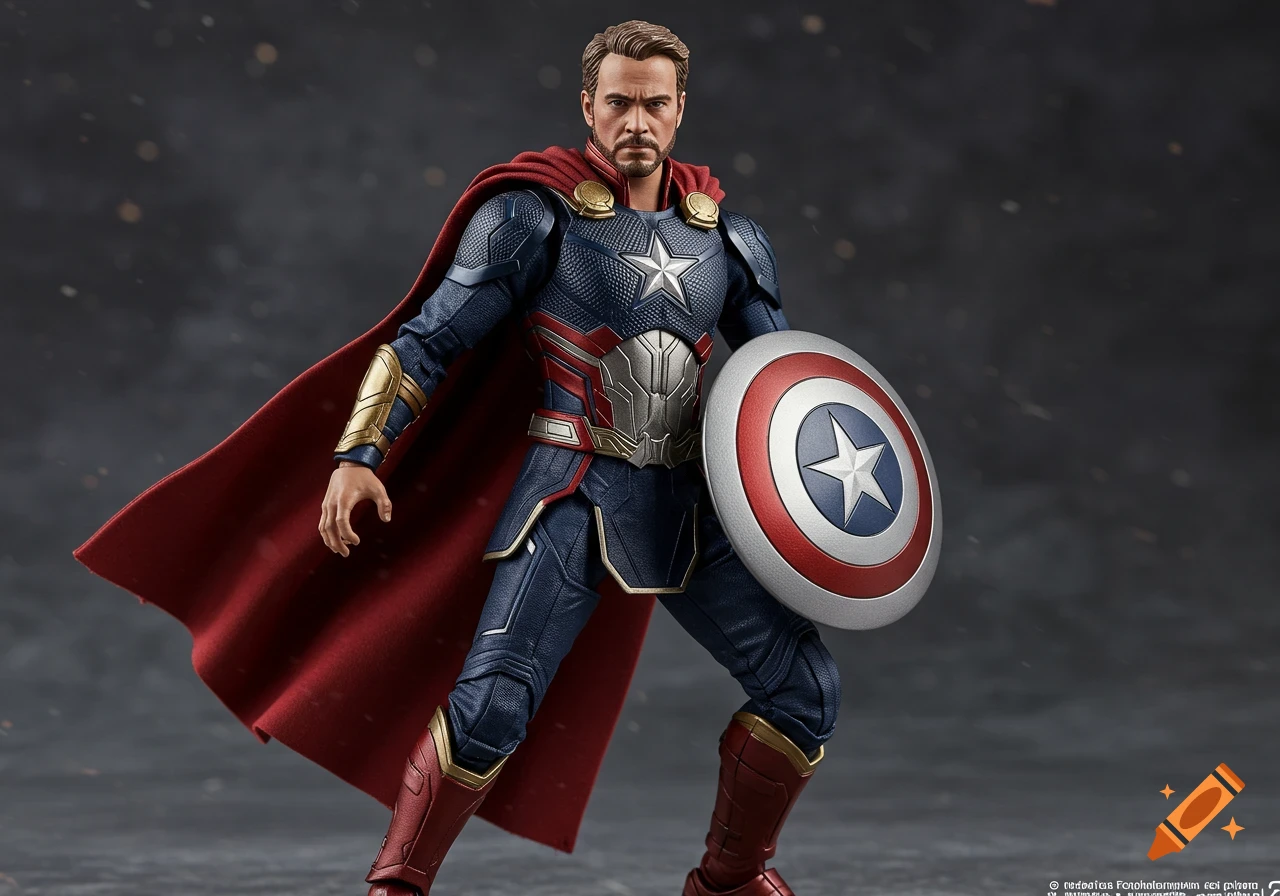 Ultra-detailed action figure of a man with a beard, wearing a blue, red, and gold superhero suit with a red cape, holding a Captain America shield.