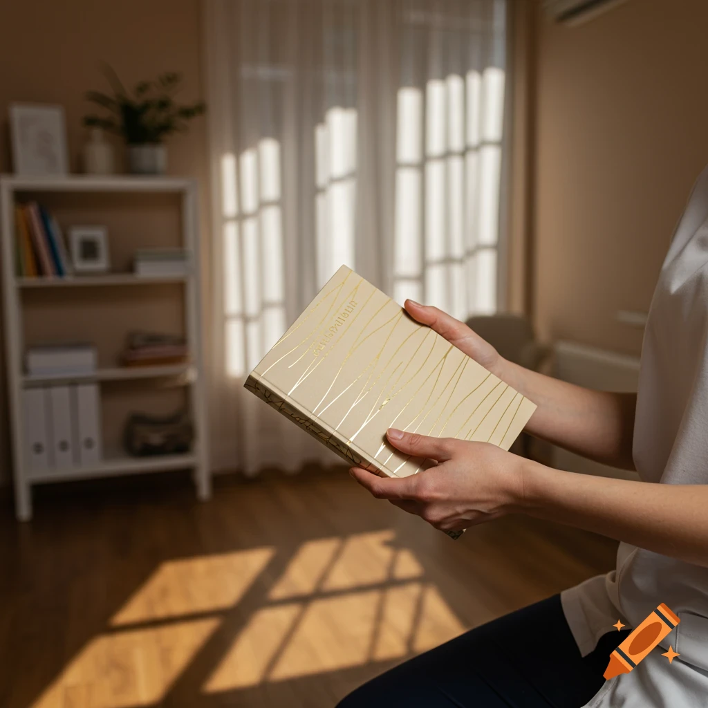 Hands in a white uniform holding a beige planner with gold wavy lines in a sunlit room with a bookshelf.