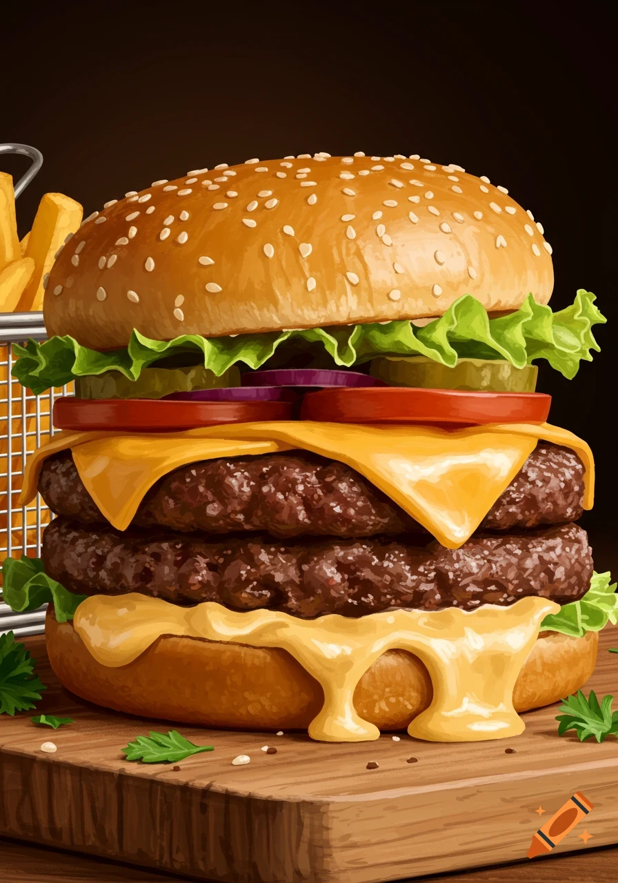 An illustrated double cheeseburger with lettuce, tomato, onions, pickles, and dripping cheese, served on a wooden board with fries.
