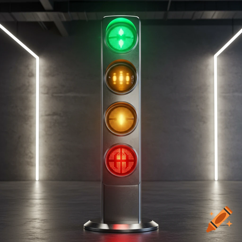 A modern four-light traffic signal with green and red lights illuminated, standing in a dark concrete room with bright vertical LED light strips.
