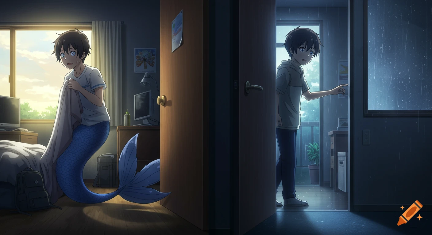 An anime boy with a blue merman tail sits in his sunlit room covering his tail, while another boy peers into a rainy hallway from a doorway.
