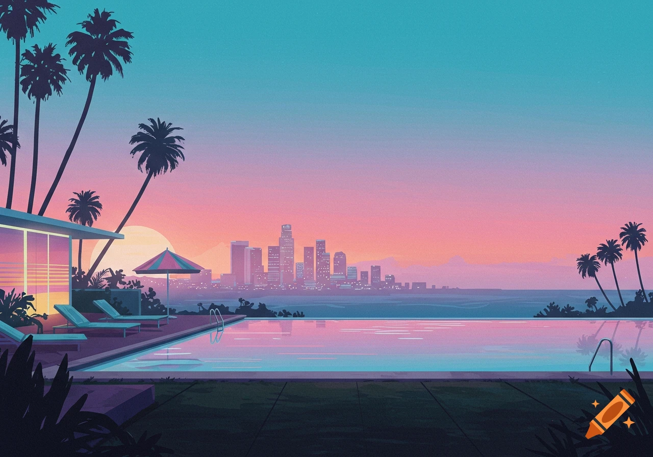 A stylized retro landscape of a modern house with a pool and palm trees, overlooking a city skyline at sunset with pink and blue hues.