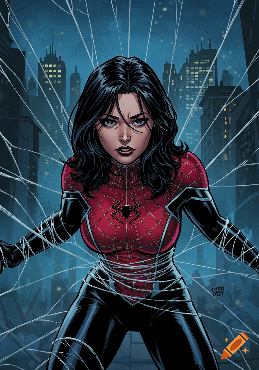 A female superhero, Silk, in a red and black spider-suit, bound by white webs, stands with a determined expression against a dark cityscape at night in a comic book art style.