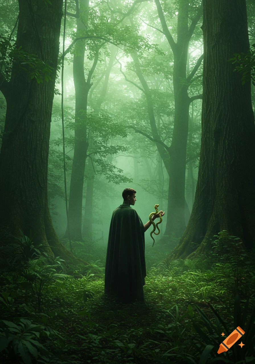 A cloaked man stands in a dense, misty green forest, holding a small green snake in his hand.