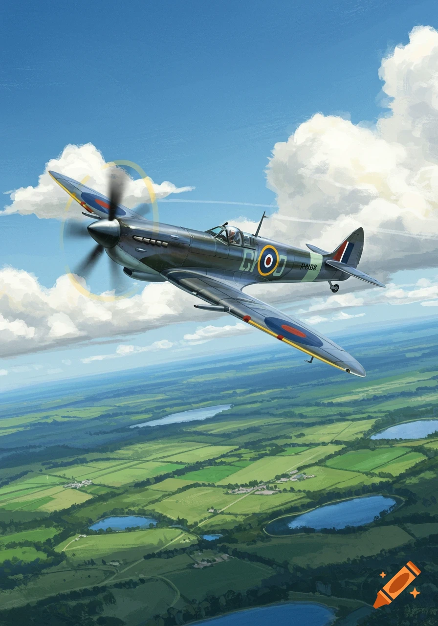 An illustrated Spitfire airplane with identification marks flying over a green, patchy landscape with lakes under a blue sky with white clouds.