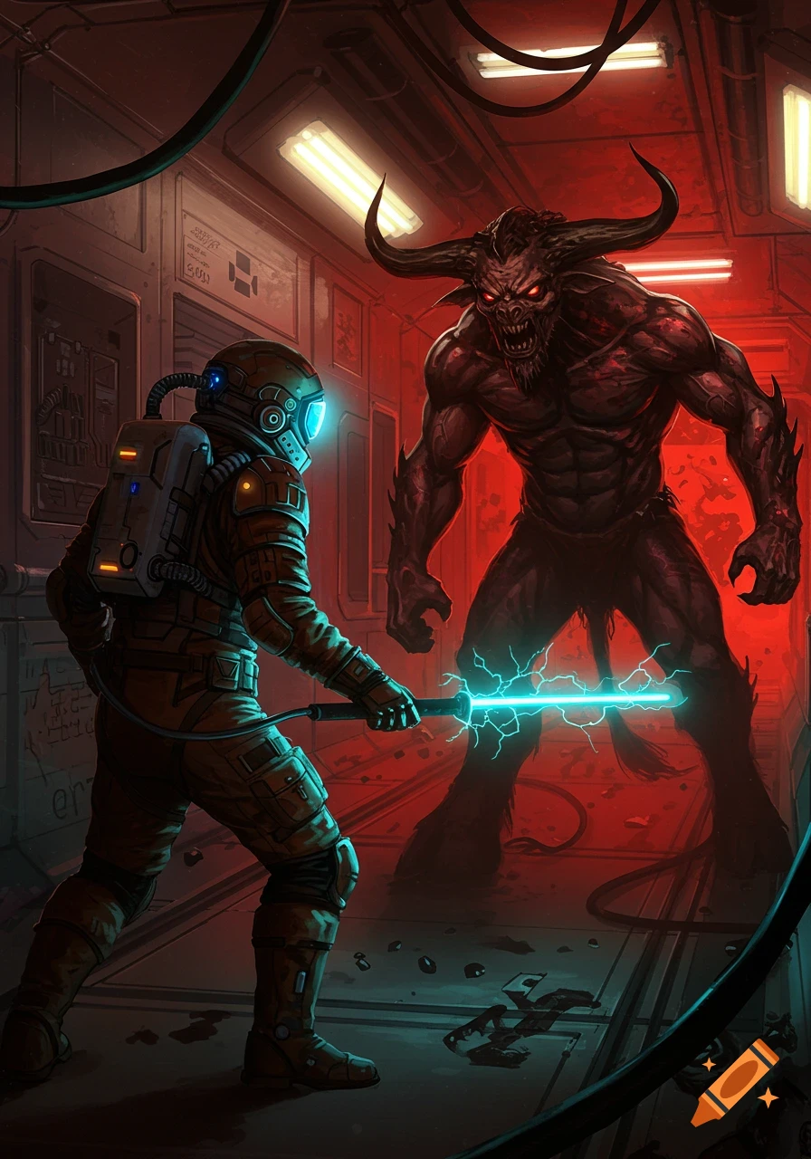 A spacesuited soldier with an electric weapon confronts a horned, muscular demon creature in a red-lit sci-fi corridor.