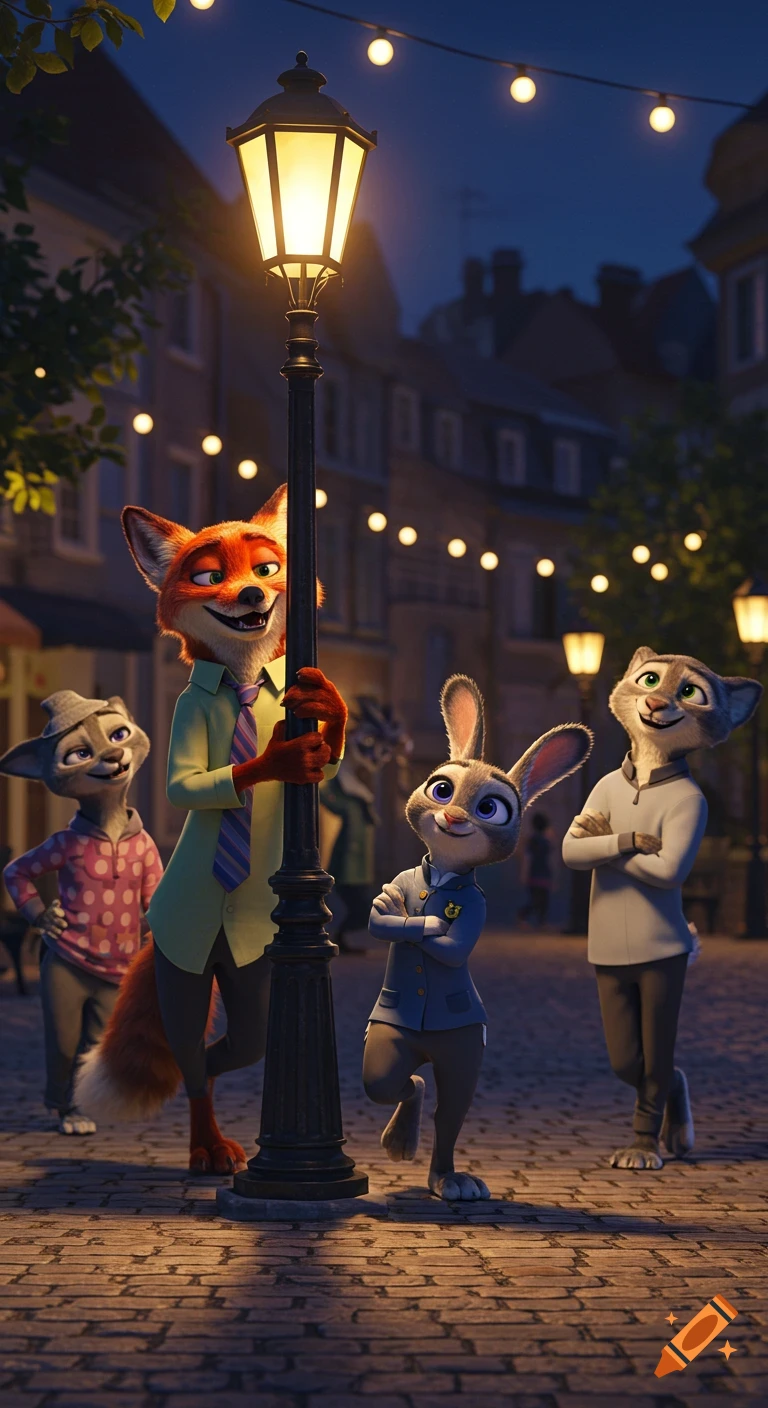 Nick Wilde, Judy Hopps, and friends pose around a lamppost on a cobblestone street at night in 3D animation style.