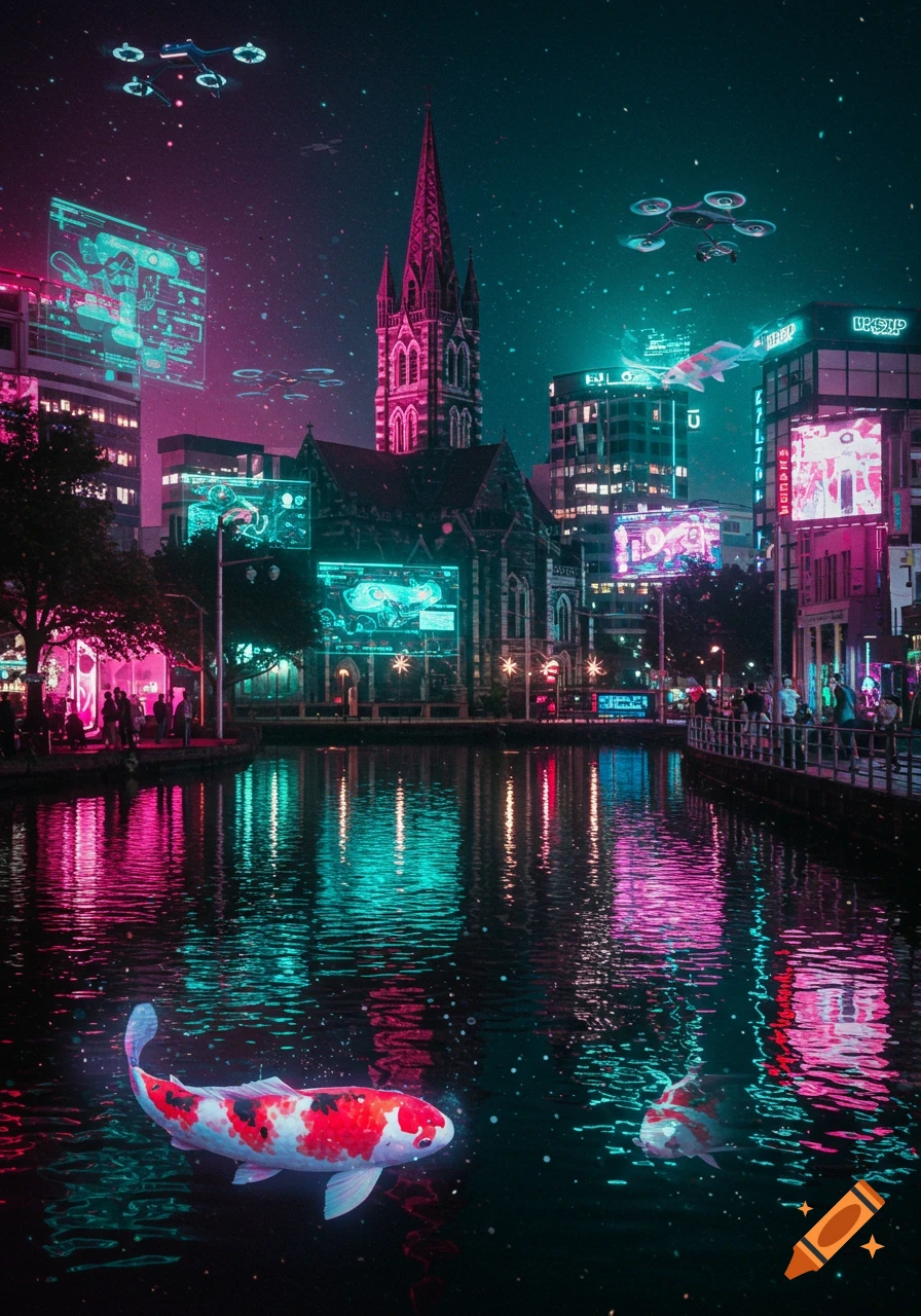 A vibrant cyberpunk cityscape at night, featuring a gothic church, futuristic buildings with neon screens, drones, and glowing koi fish in a reflective canal.