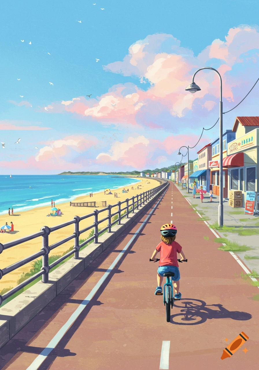 An illustration of a child cycling on a path along a sunny beach with shops, under a blue sky with pink clouds.