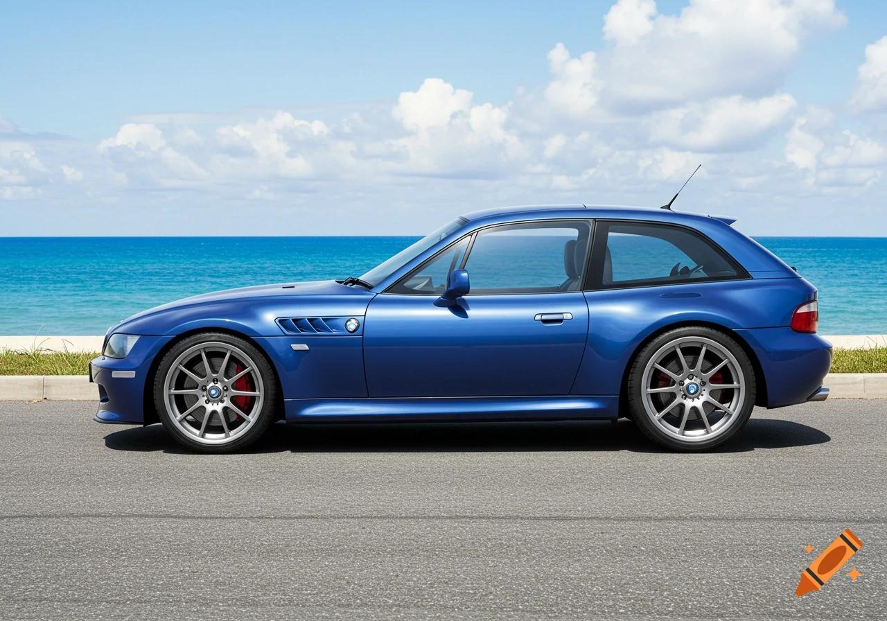A blue BMW Z3 Coupe sports car is parked on an asphalt road by the ocean under a clear blue sky with white clouds.