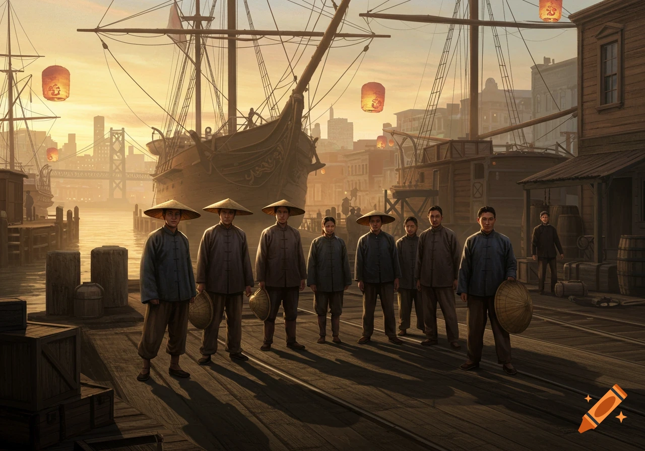 Group of men in traditional Chinese attire and conical hats stand on a wooden dock with sailing ships and a city at dusk.