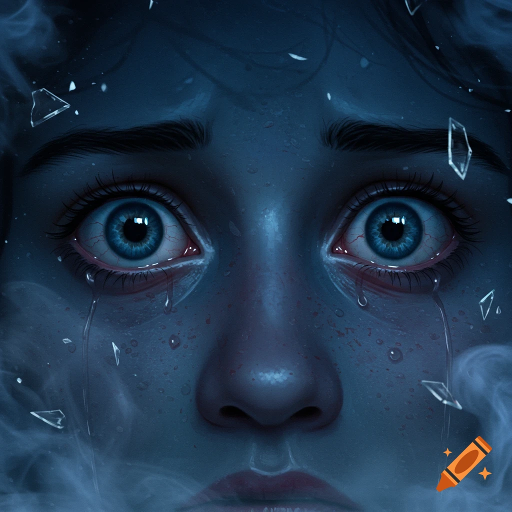 Close-up of a person's wide, blue, tearful eyes showing fear, with shattered glass fragments and smoke effects.