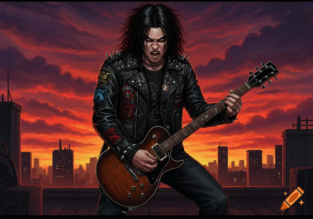 An intense metalhead in a studded leather jacket plays an electric guitar on a rooftop against a fiery sunset city skyline. Illustration.