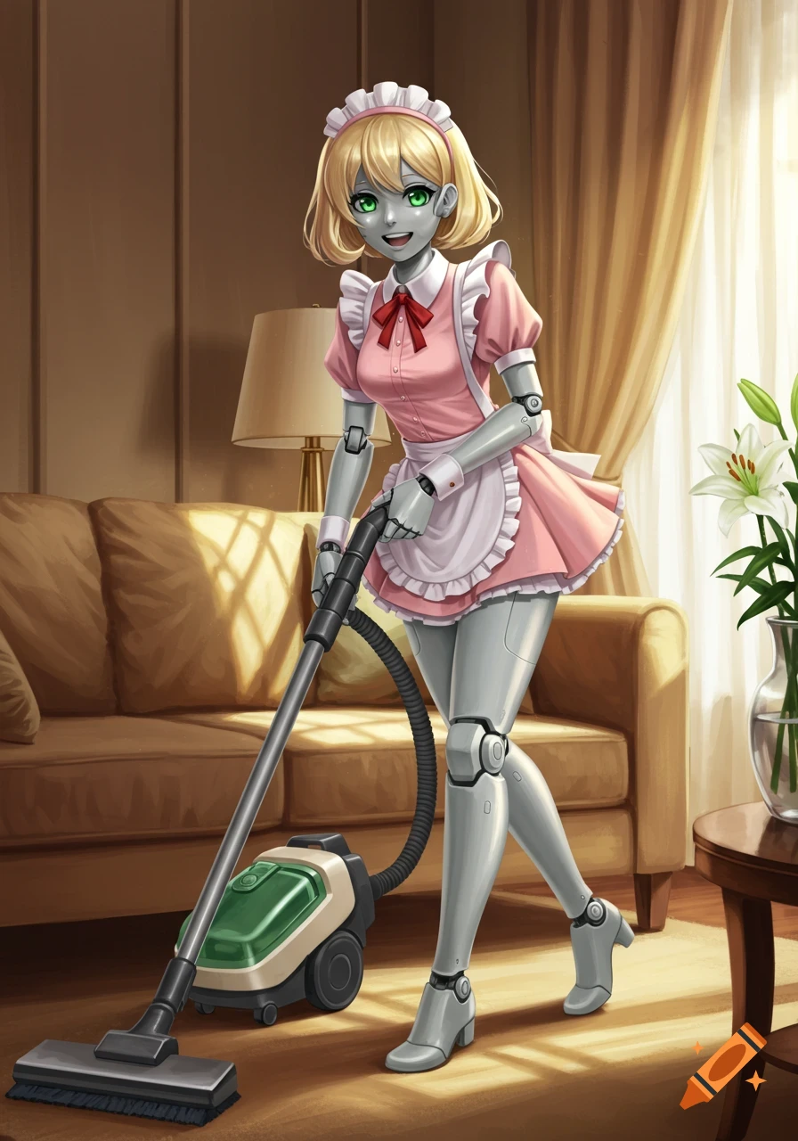 An anime-style humanoid robot maid with blonde hair and green eyes, wearing a pink maid outfit, vacuums a room.