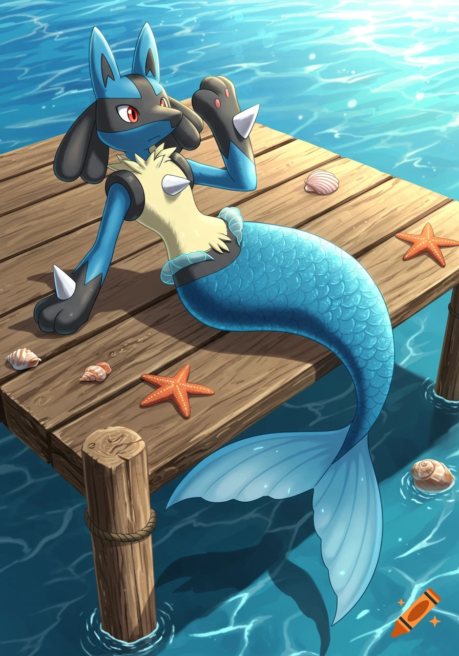A blue and black Lucario mermaid with a yellow chest lies on a wooden dock by clear blue water, surrounded by starfish and seashells in an anime art style.