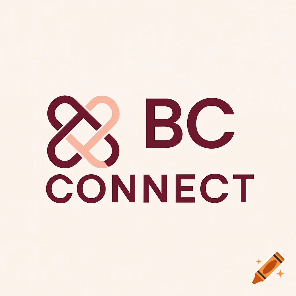 Minimalist logo for BC Connect, featuring an intertwined symbol in maroon and peach, with the company name in maroon text.