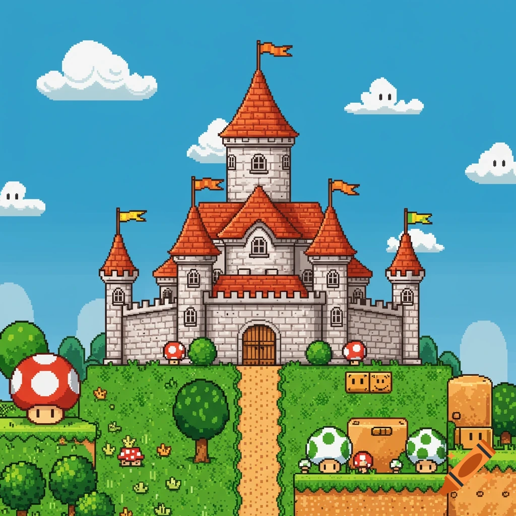 A colorful pixel art castle with orange roofs and flags stands on a green hill, surrounded by Super Mario-style mushrooms and blocks under a blue sky with white clouds.