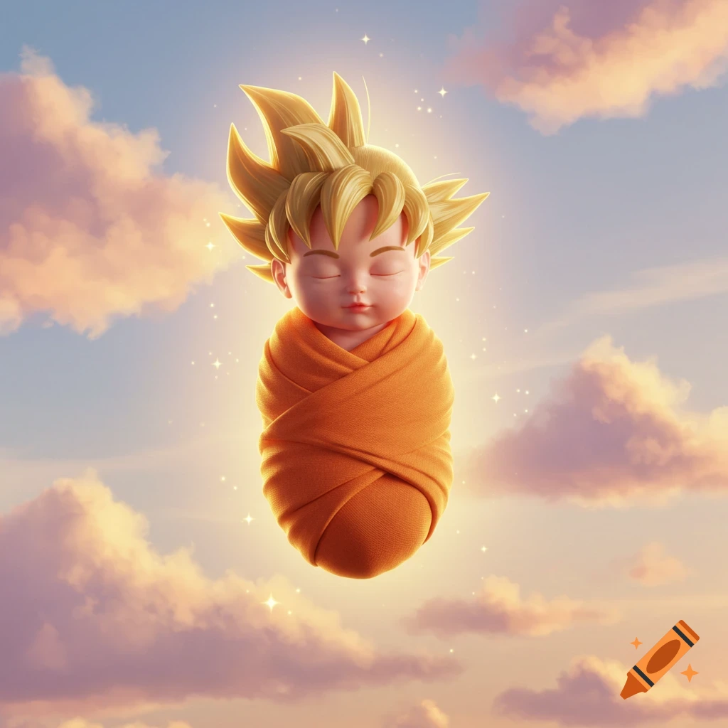 A baby Goku-inspired character with spiky blonde hair, swaddled in orange, floats in a bright, cloudy sky with a golden aura.