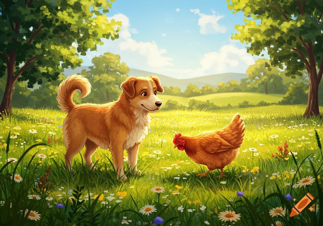 An illustration of a friendly brown dog and a chicken in a sunny, green field with wildflowers and trees.