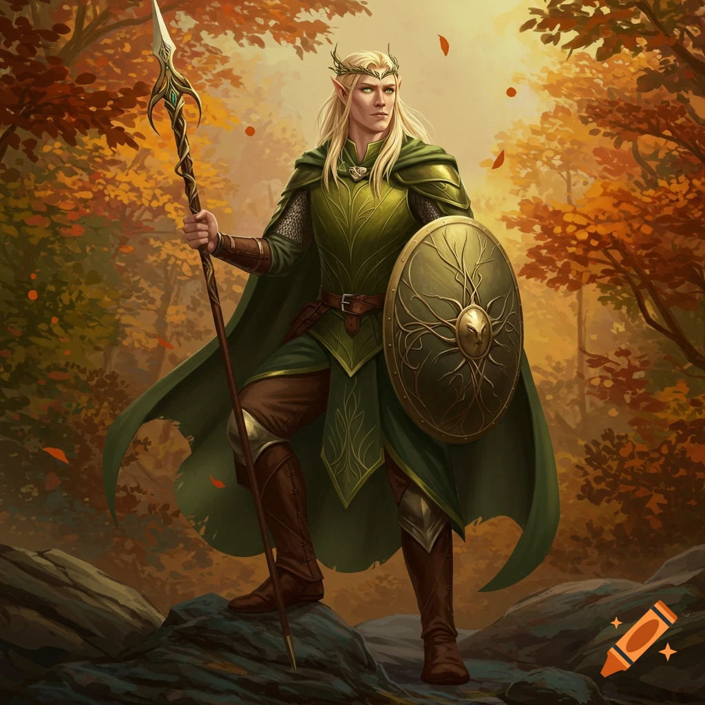 A male elf ranger with long blonde hair, wearing green and brown armor, holds a spear and shield in an autumn forest.