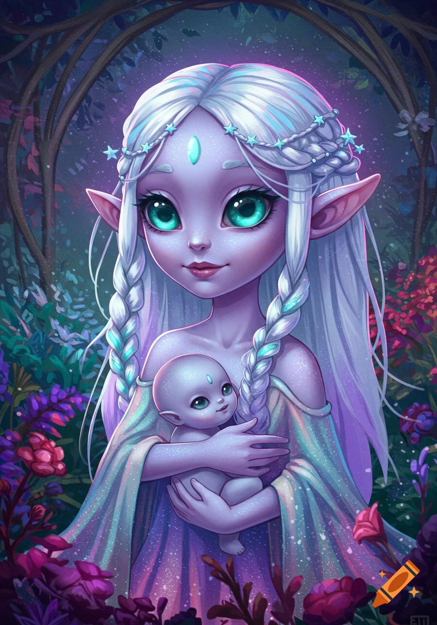 A purple-skinned alien mother with long white braided hair and green eyes holds a baby alien in a magical, glowing forest.