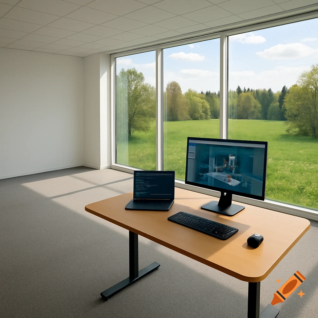 A modern empty office with a light wooden desk, laptop, and monitor facing large windows overlooking a lush green field and forest.