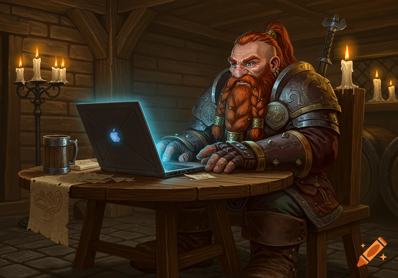 A fantasy dwarf with a red braided beard and armor uses a glowing laptop at a wooden table in a candlelit tavern, digital art.