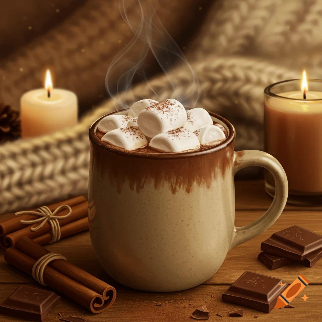 Steaming hot cocoa with marshmallows, cinnamon, chocolate, and candles on a wooden table with a knitted blanket, photorealistic.