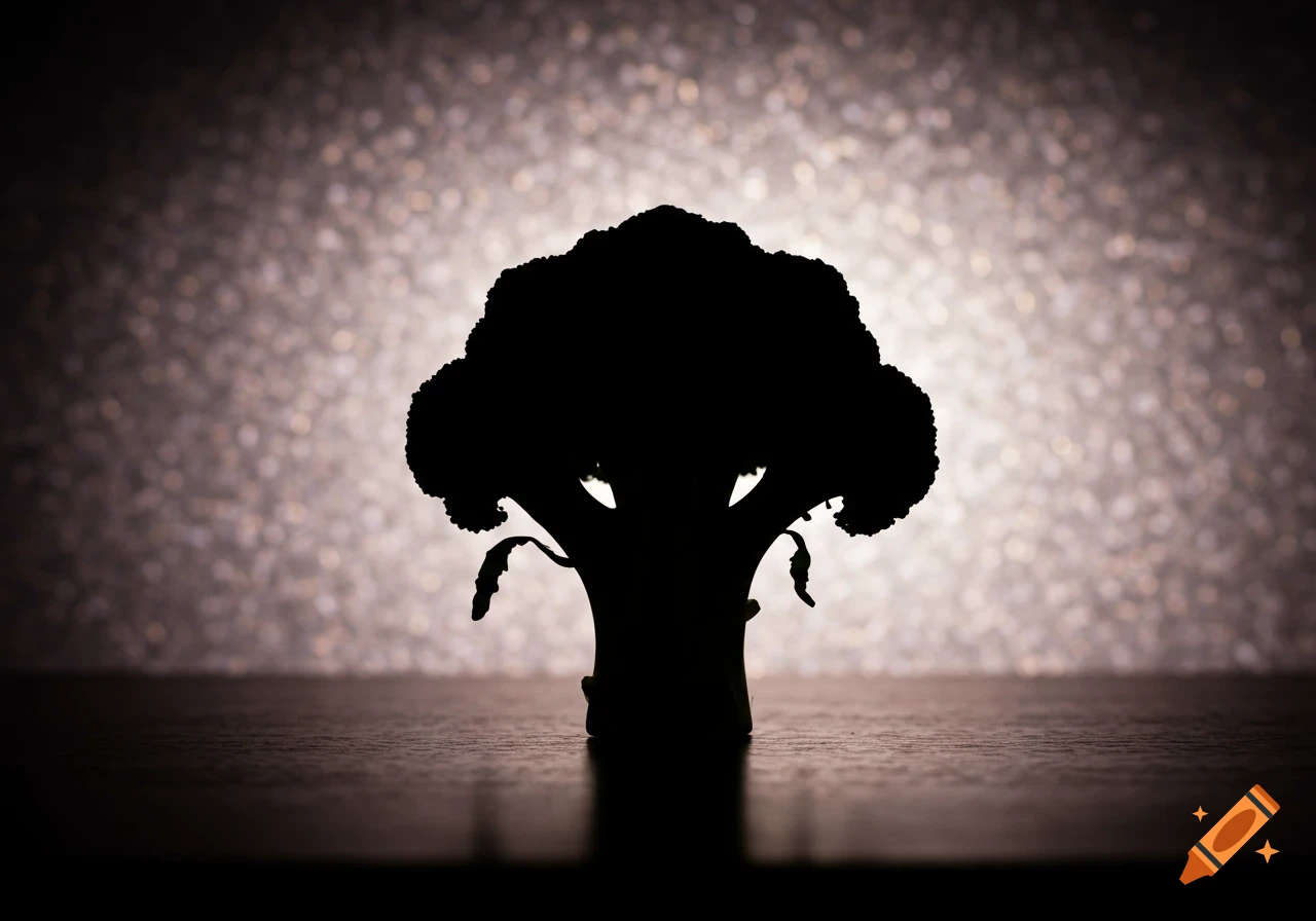 A dark silhouette of broccoli stands on a surface against a bright, shimmering bokeh background.