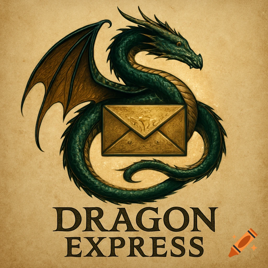 A green dragon with golden wings coiled around a golden envelope, below which reads "DRAGON EXPRESS" on a textured parchment background.