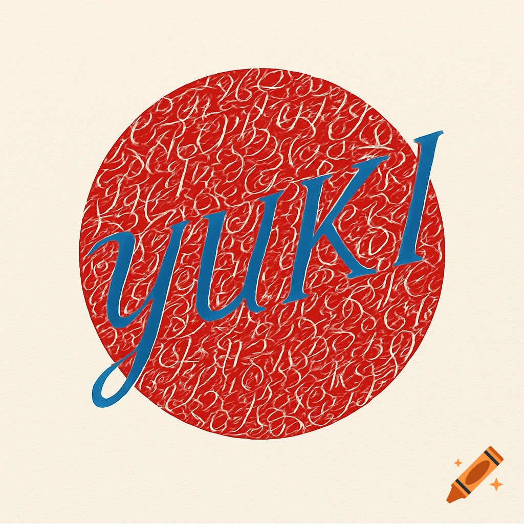 A minimalist design featuring a red circle textured with abstract white script, overlaid with a stylized blue text spelling "YUKI" diagonally.
