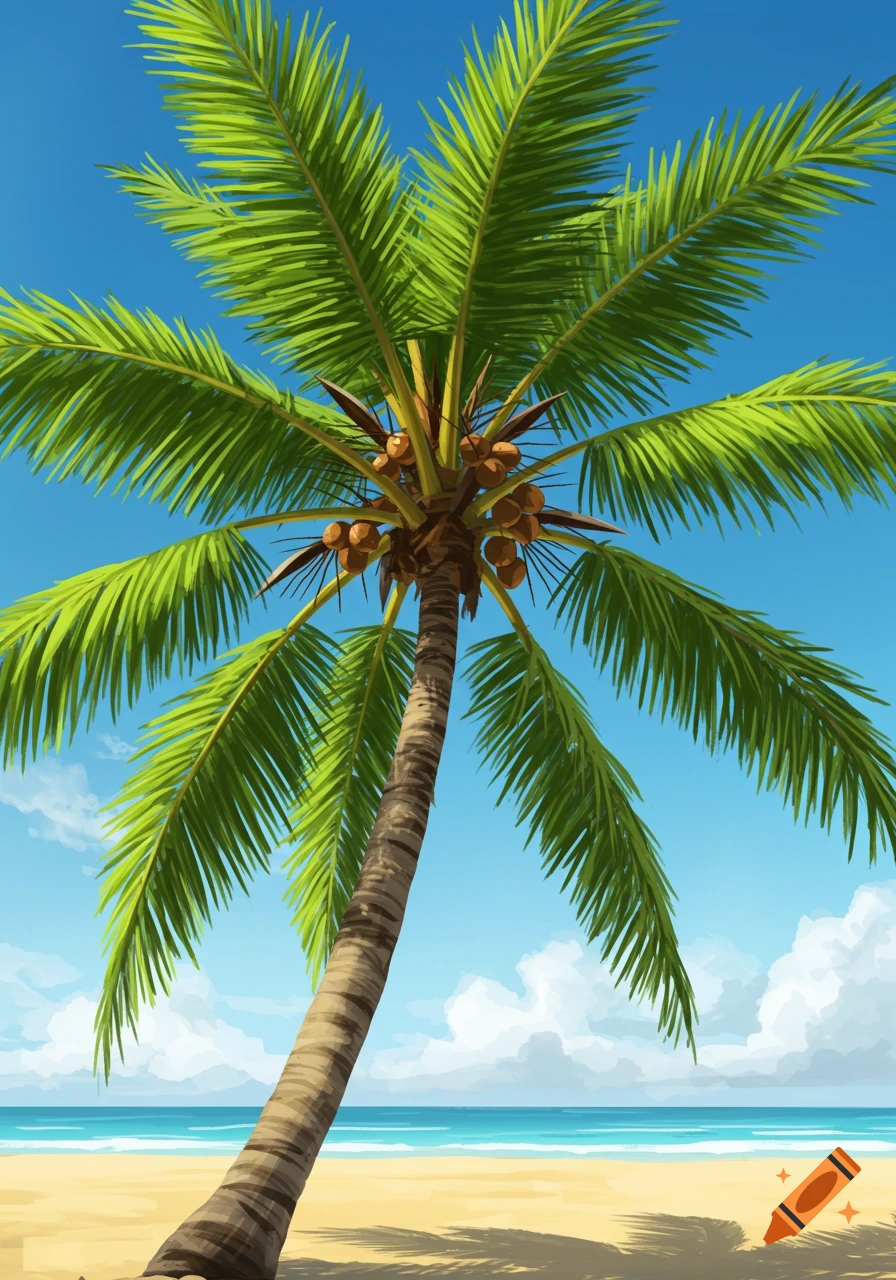 A vibrant illustration of a coconut palm tree laden with coconuts, leaning over a sandy beach with the blue ocean and sky in the background.