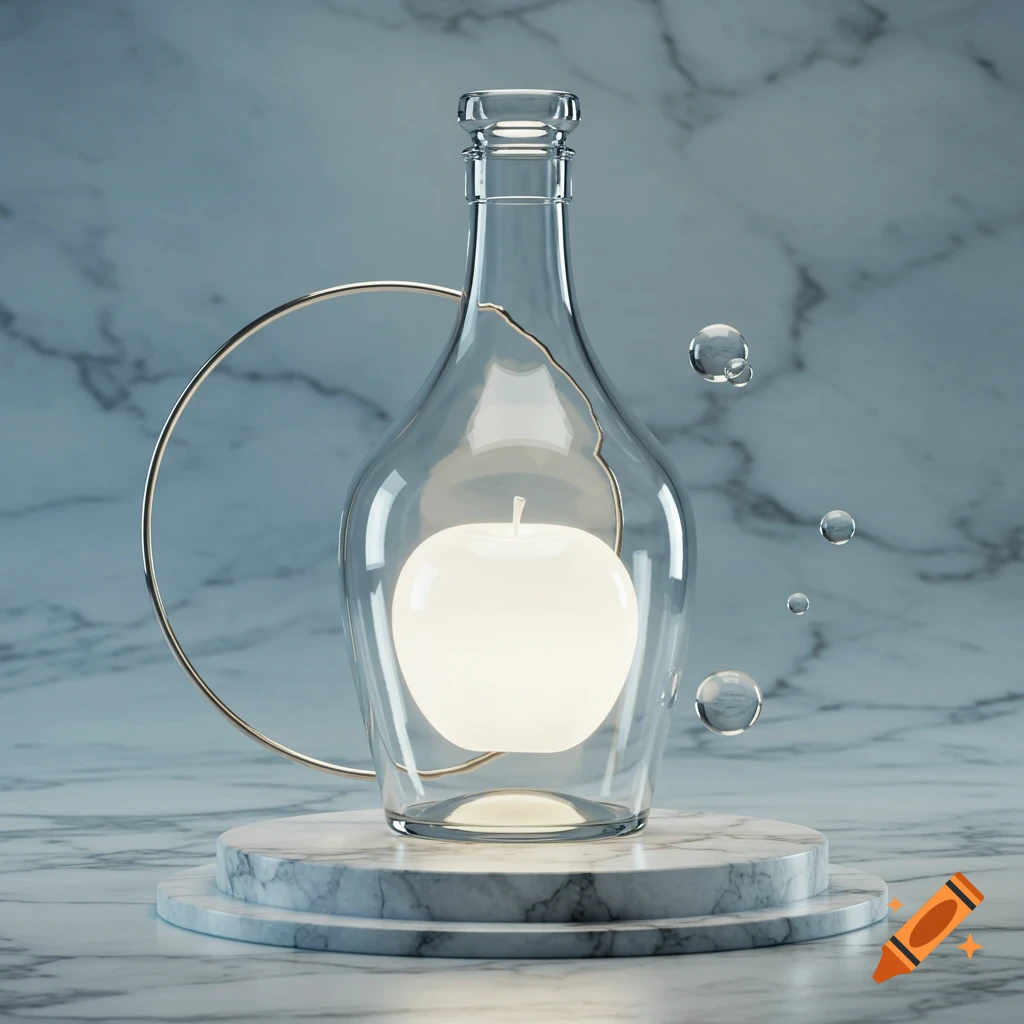 A glowing white apple inside a clear glass bottle, resting on a two-tiered marble pedestal. Golden rings and water bubbles surround it.