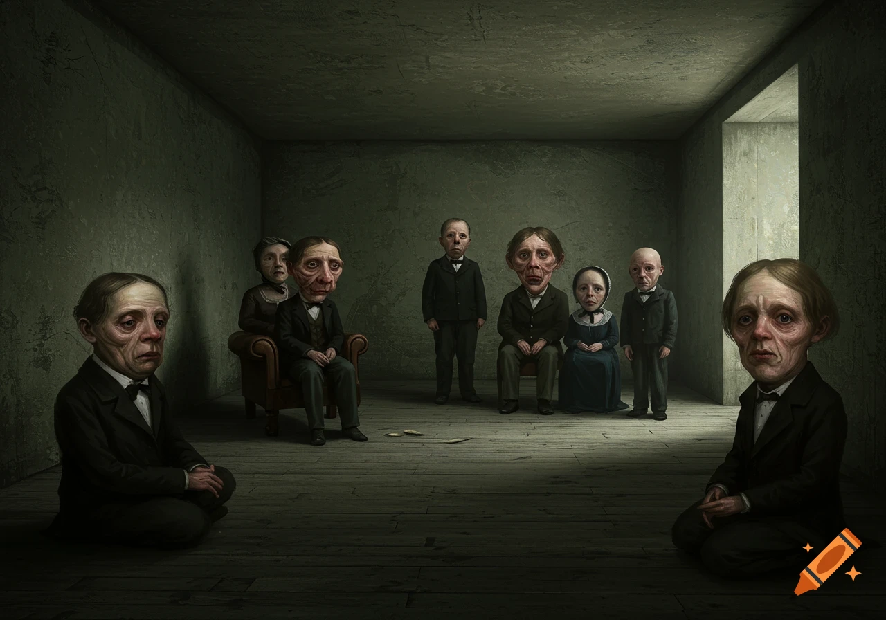 A group of somber, gaunt figures with exaggerated features in 19th-century attire sit and stand in a sparse, decaying room, in a dark, surreal style.
