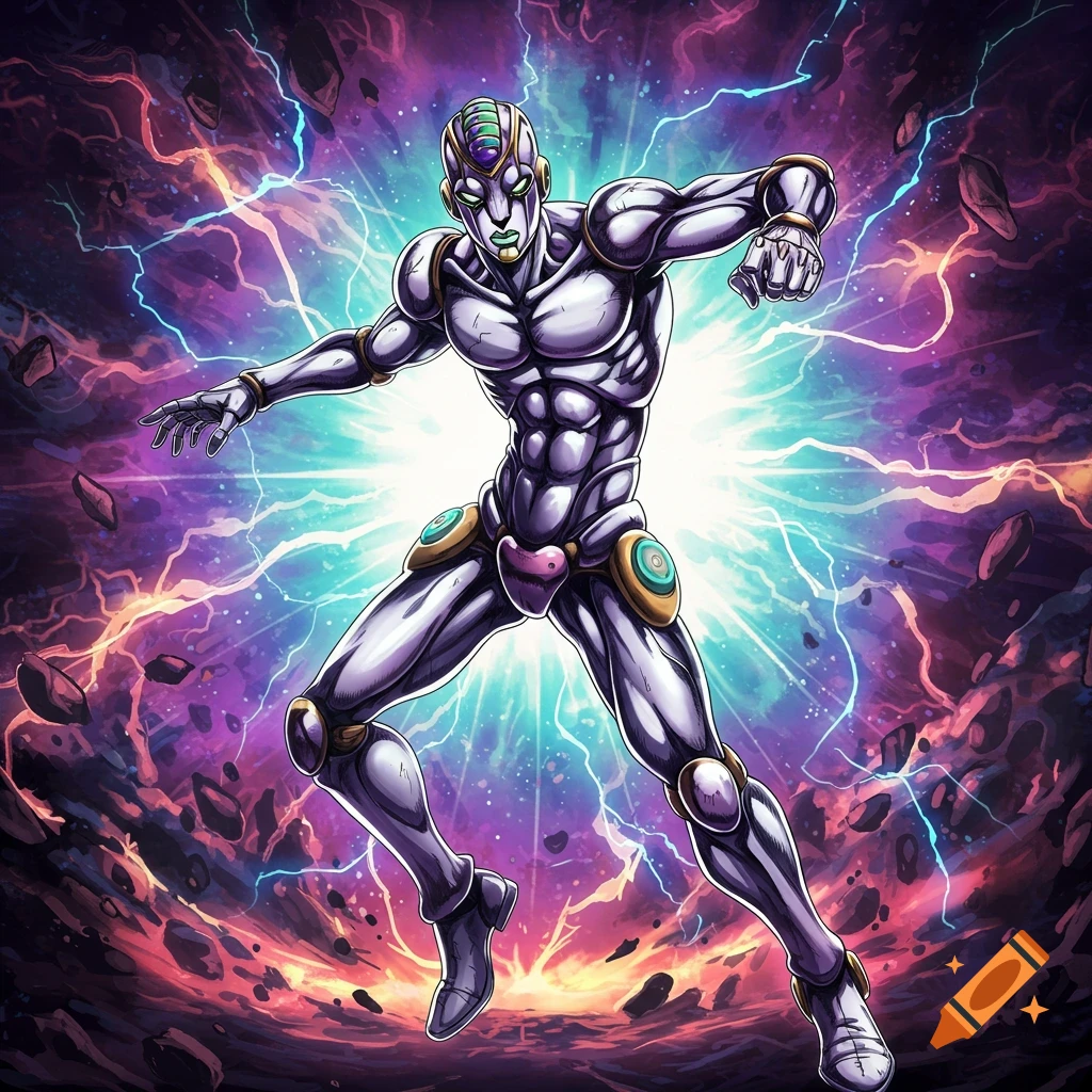 A muscular, metallic anime humanoid in an action pose, surrounded by purple and red lightning and debris.