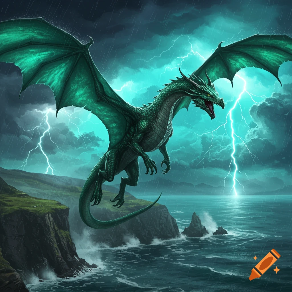 A powerful green dragon with outstretched wings flies through a dramatic lightning storm over a rugged coastline and turbulent ocean.