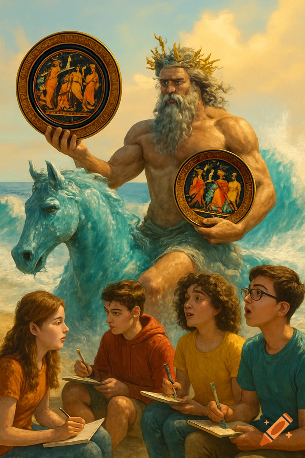 Poseidon on a horse made of water holds two Greek pottery plates while four teenagers sit on the sand below, taking notes.