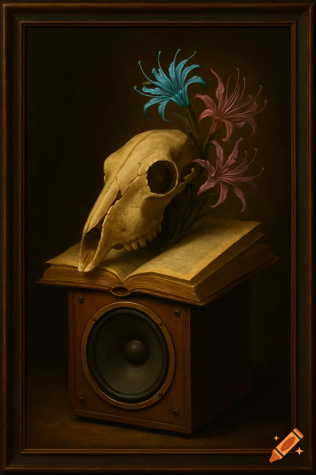 A still life painting of a ram skull with blue and pink flowers growing from it, resting on an open book atop a wooden speaker.