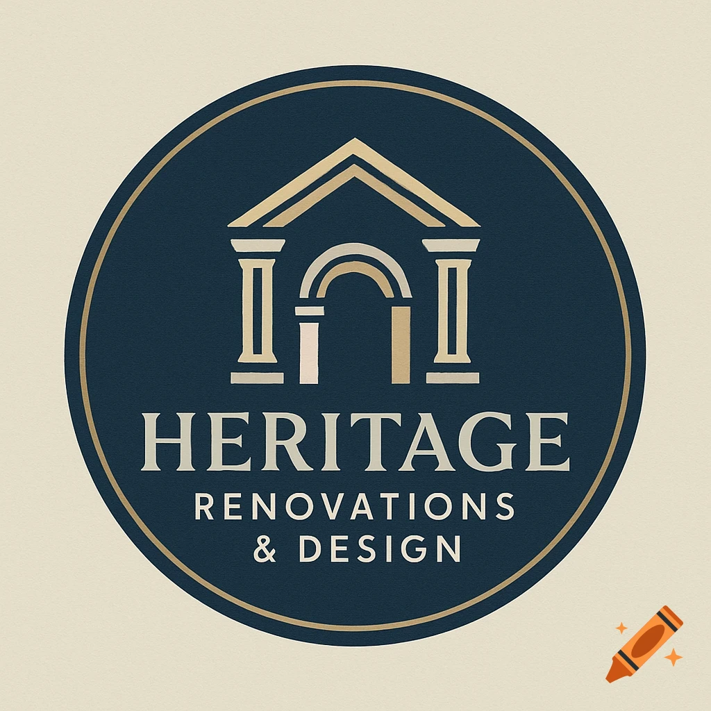 A navy blue circular logo with a gold border, featuring a gold and beige stylized building and the text "HERITAGE RENOVATIONS & DESIGN".