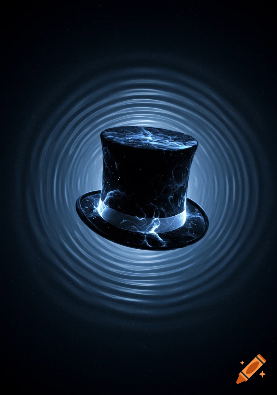A black top hat glows with electric blue lightning effects against a dark background with swirling blue concentric rings.