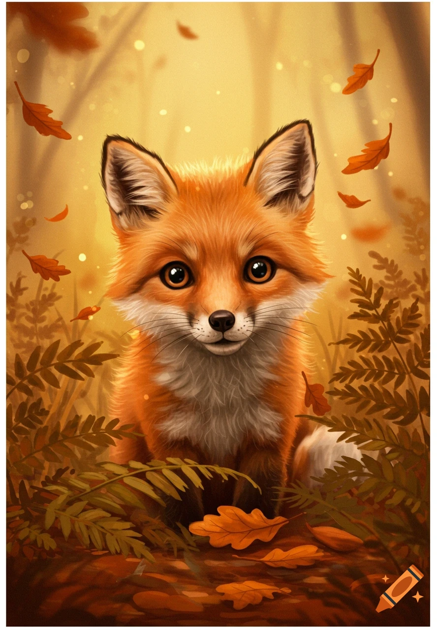 A cute, stylized red fox with big eyes sits among autumn leaves and ferns in a warm, glowing forest.