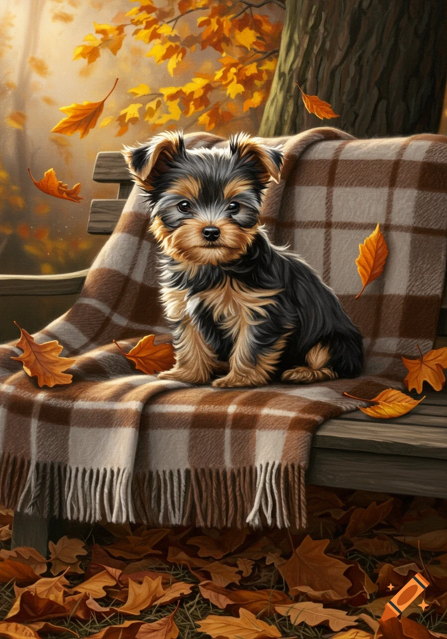 A realistic image of a black and tan Yorkshire terrier puppy sitting on a brown plaid blanket with orange autumn leaves falling around it.