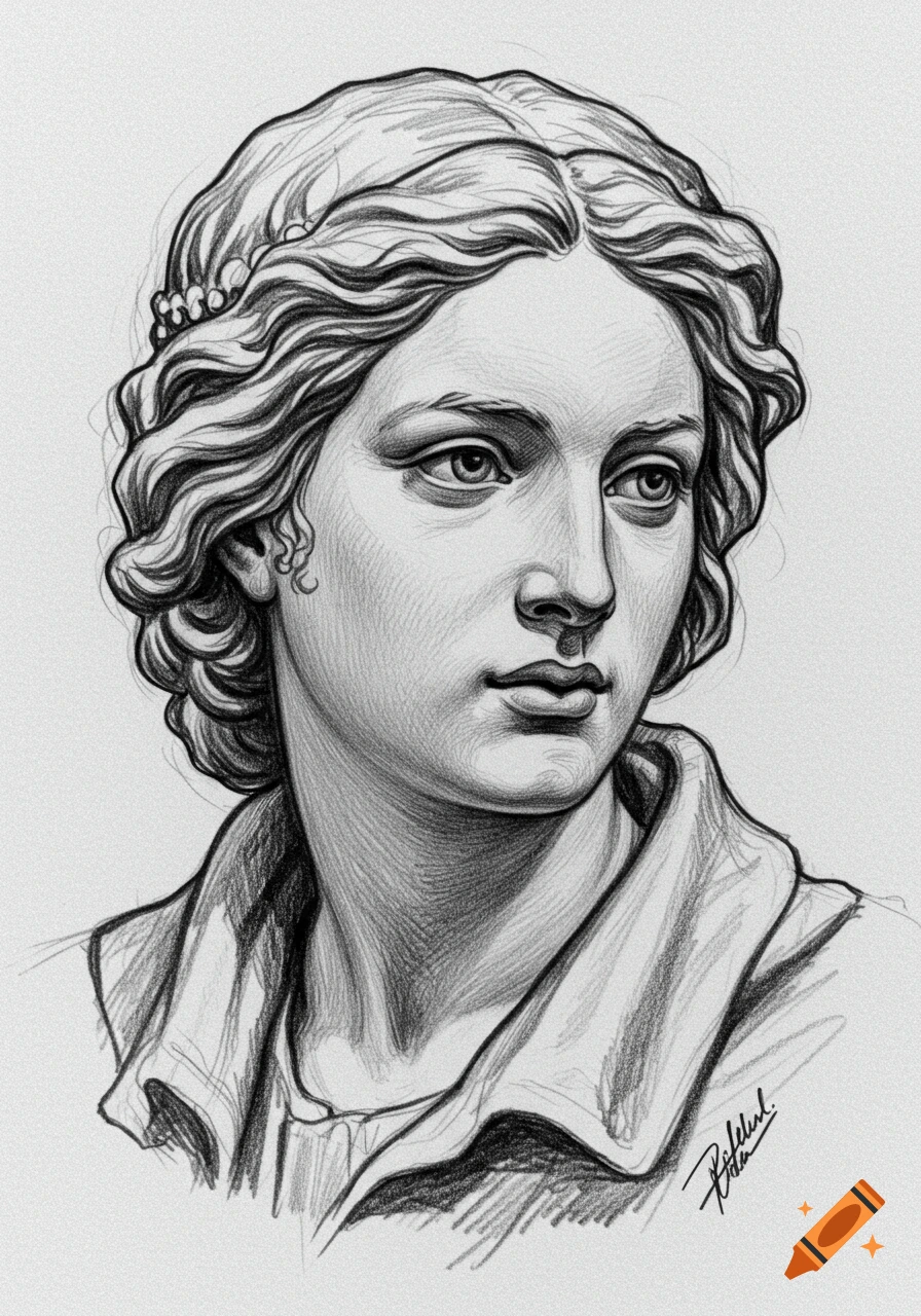 Detailed pencil sketch of a woman's bust, with wavy hair and a collared garment, rendered in a classical art style.