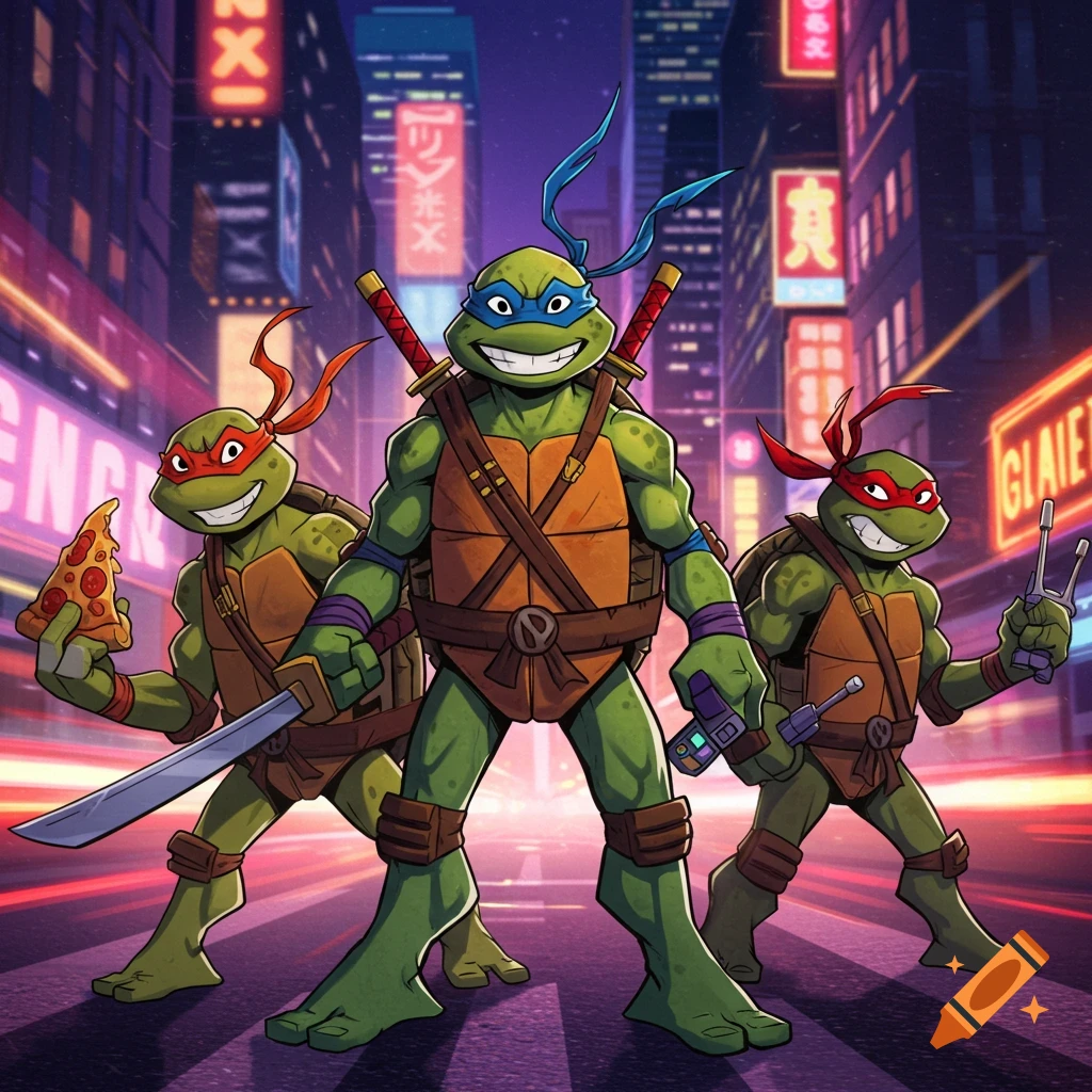 Three Teenage Mutant Ninja Turtles pose heroically in a neon-lit cityscape. Leonardo is central, Michelangelo holds pizza, and Raphael has sais.
