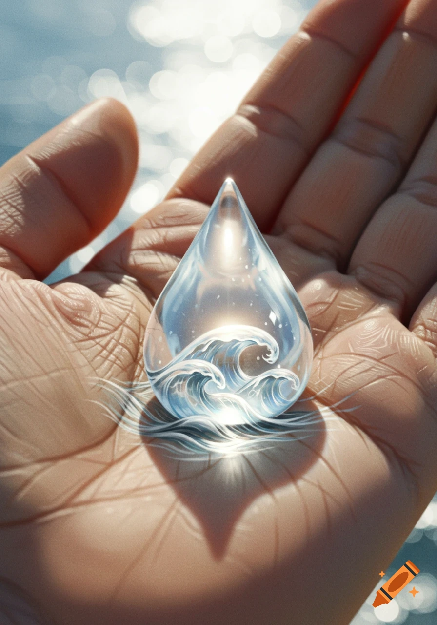 A hand holds a glowing, clear water droplet containing stylized ocean waves, with a bright, sparkling water background.