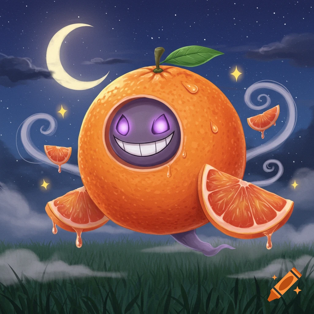 A purple Ghastly-like ghost in an orange costume with orange slice wings floats over grass at night under a crescent moon and stars.