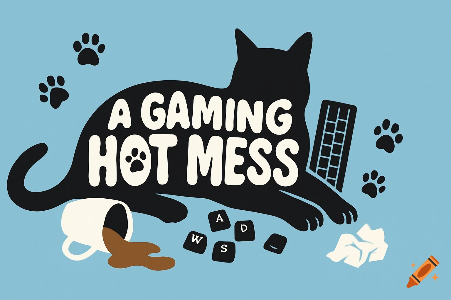 Stylized graphic illustration of a black cat silhouette with 'A GAMING HOT MESS' text, spilled coffee, keyboard, and paw prints on a light blue background.