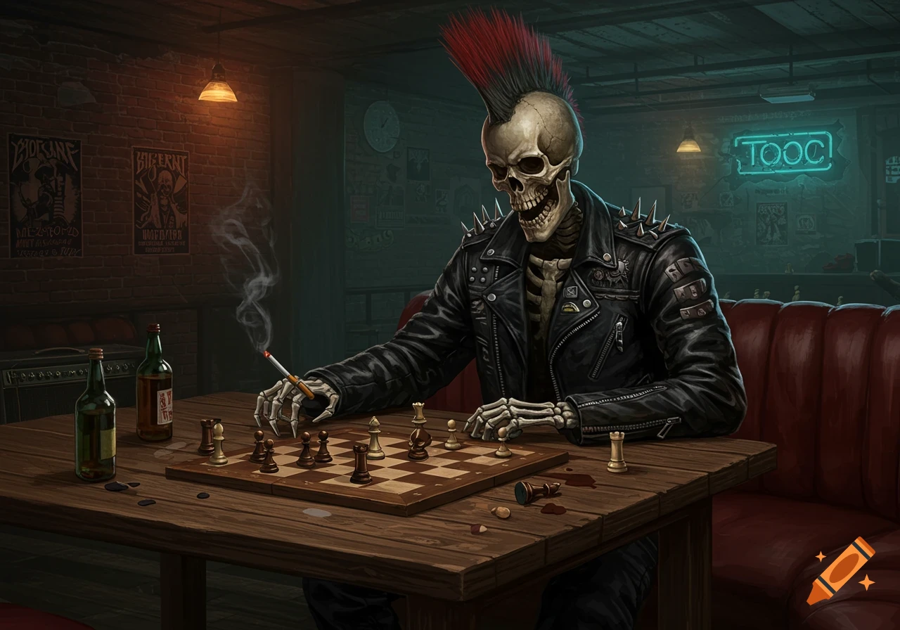 A punk rock skeleton in a leather jacket with a red mohawk smokes a cigarette while playing chess at a wooden table in a dimly lit bar.