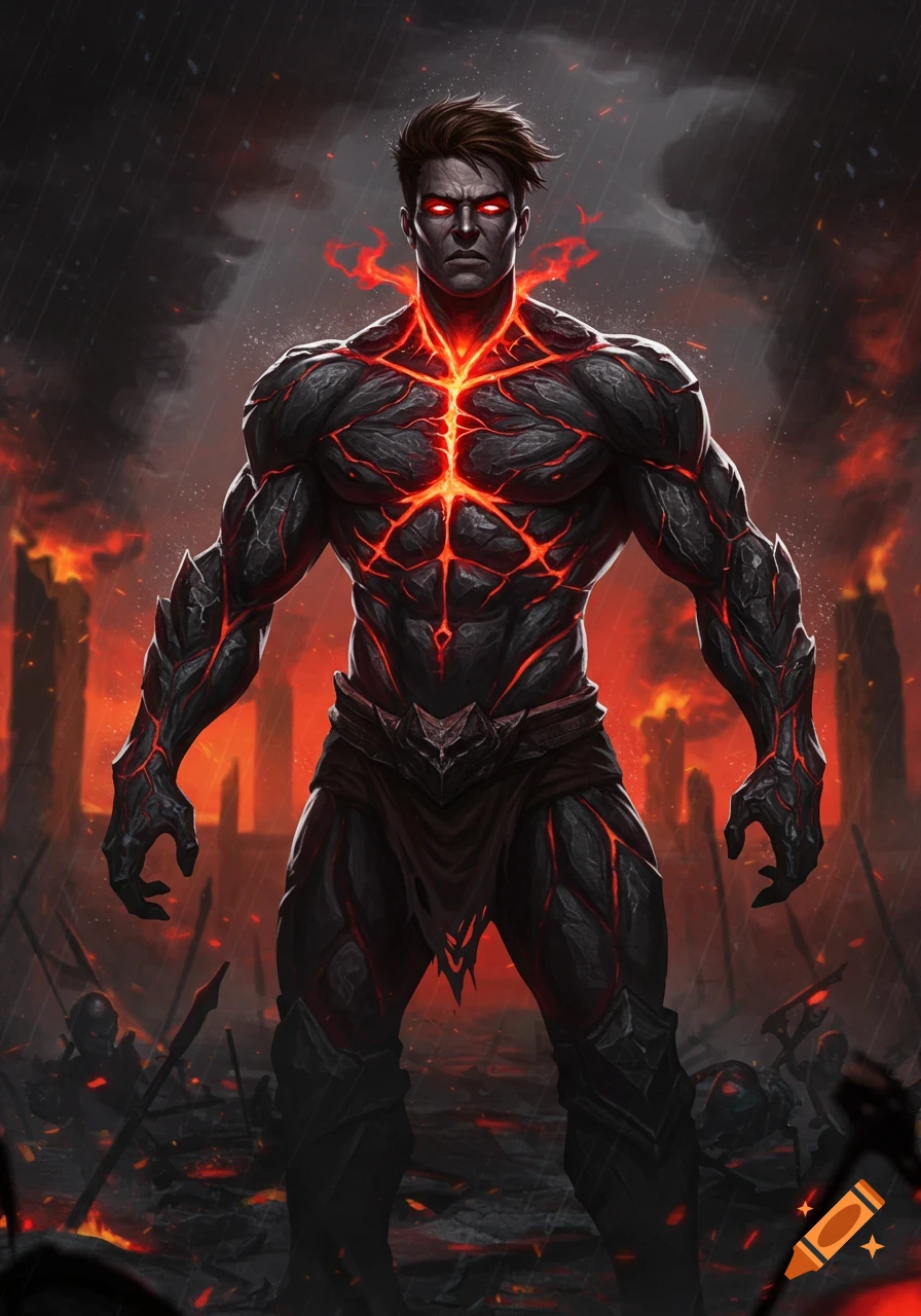 A muscular dark hero with glowing red cracks on his black obsidian-like body and red eyes stands in a fiery, war-torn landscape under a stormy sky.